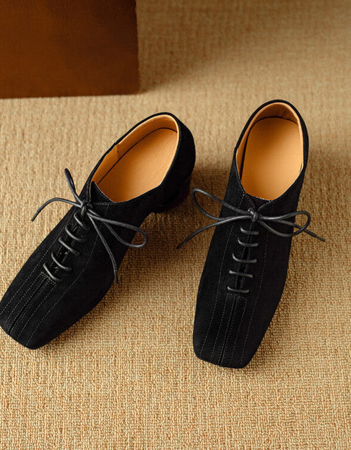 Load image into Gallery viewer, Women's Retro Sheepskin Square Toe Chunky Heel Pumps – Lace-Up Mid Heel
