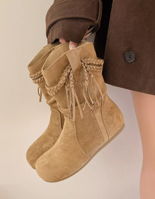 Load image into Gallery viewer, Suede Fringe Round Toe Boots with Block Heel
