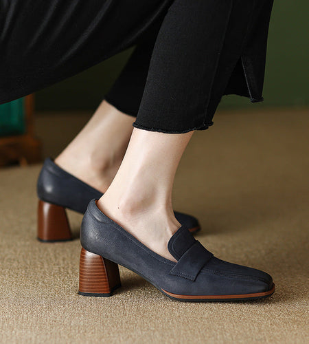 Women's Sheepskin Square Toe Chunky Heel Pumps – Retro High Heel Dress Shoes