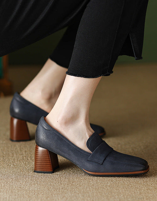 Load image into Gallery viewer, Women's Sheepskin Square Toe Chunky Heel Pumps – Retro High Heel Dress Shoes
