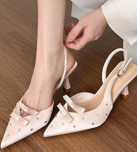 Women's Closed Toe Slingback Stiletto Heels – Bowknot & Rhinestone Sandals