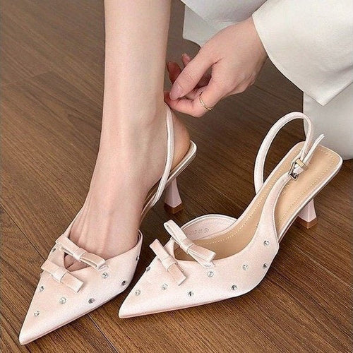 Load image into Gallery viewer, Women's Closed Toe Slingback Stiletto Heels – Bowknot &amp; Rhinestone Sandals
