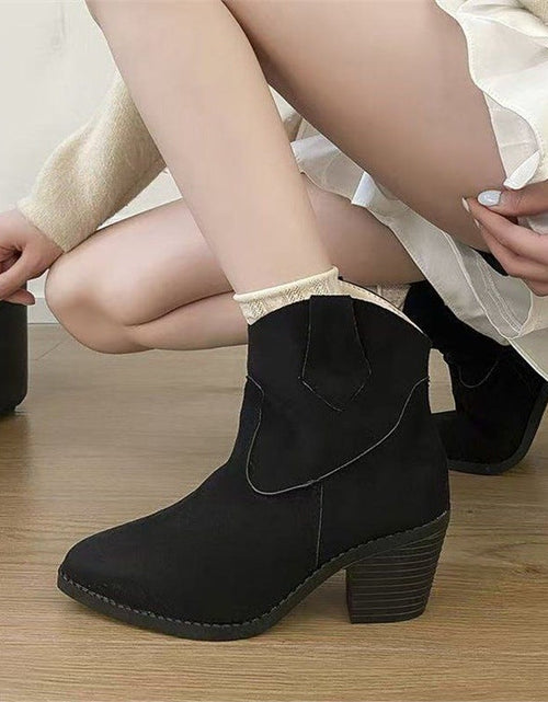 Load image into Gallery viewer, Women’s Retro Sock Cuff Booties – Stylish Ankle Boots with Stretch Cuff
