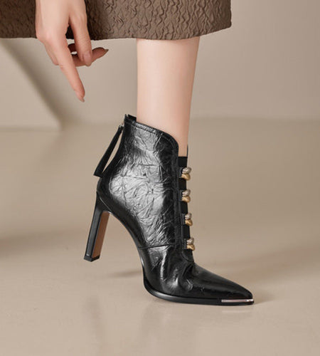 Women's Satin Pointed Toe Chunky Heel Short Boots – Ultra High Heel