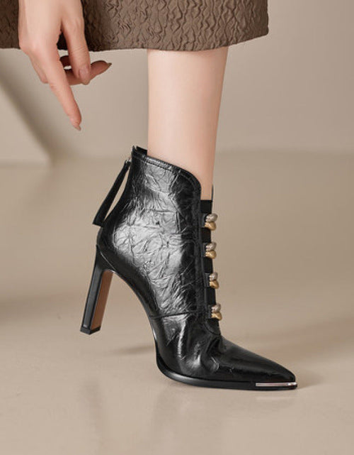 Load image into Gallery viewer, Women's Satin Pointed Toe Chunky Heel Short Boots – Ultra High Heel
