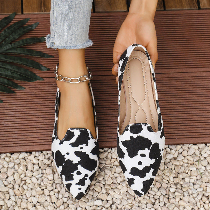 Women's Wide-Fit Breathable Pointed-Toe Flat Shoes – Cow Print Casual Flats