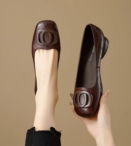 Women's French Vintage Round Toe Slip-On Flats – Low Chunky Heel Mary Jane Style