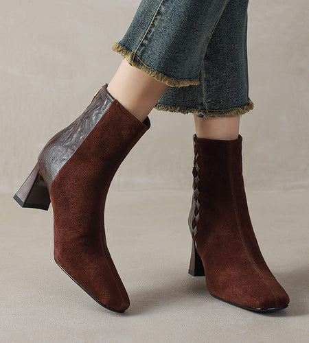 Women's Sheepskin Square Toe Chunky Heel Ankle Boots – Korean Patchwork Style