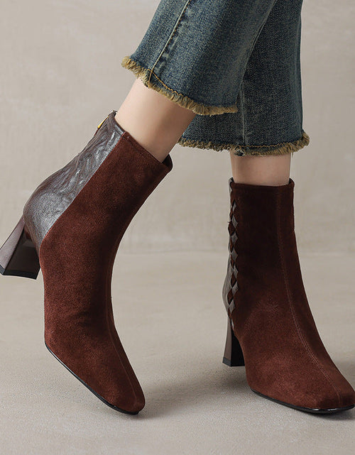 Load image into Gallery viewer, Women's Sheepskin Square Toe Chunky Heel Ankle Boots – Korean Patchwork Style
