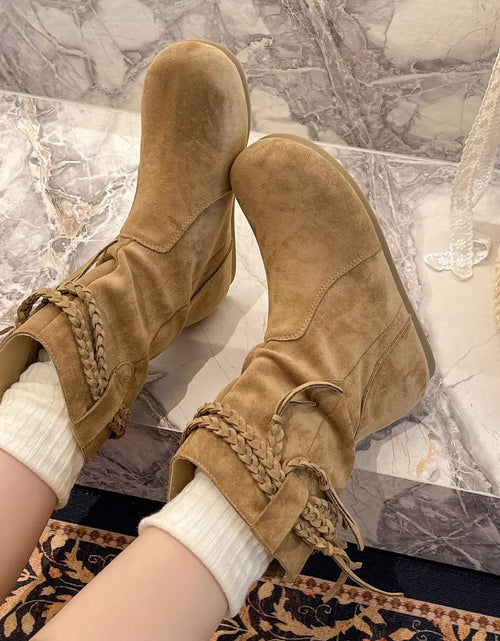 Load image into Gallery viewer, Suede Fringe Round Toe Boots with Block Heel

