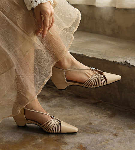 Women's Handmade Full-Grain Leather Strappy Low-Heel Sandals, Pointed-Toe Mary Jane Cutout Flats