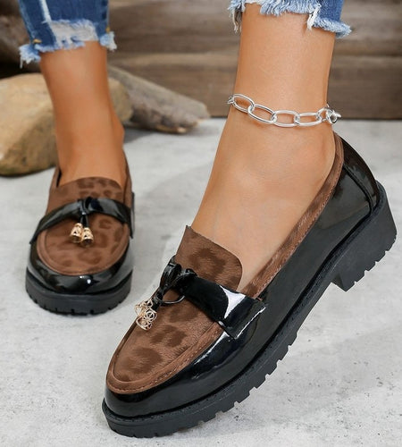 Women's Korean Style Leopard Print Buckle Loafers – Mid-Heel Non-Slip Casual Shoes
