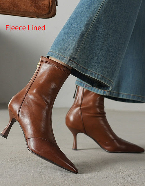 Load image into Gallery viewer, Women’s Cowhide Pointed Toe Stiletto Ankle Boots – Back Zipper High Heel Booties
