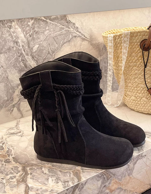 Load image into Gallery viewer, Suede Fringe Round Toe Boots with Block Heel
