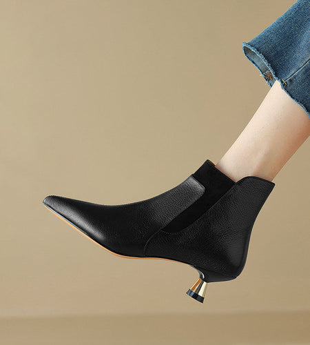 Women's Genuine Leather Kitten Heel Ankle Boots – Pointed Toe Side Zip