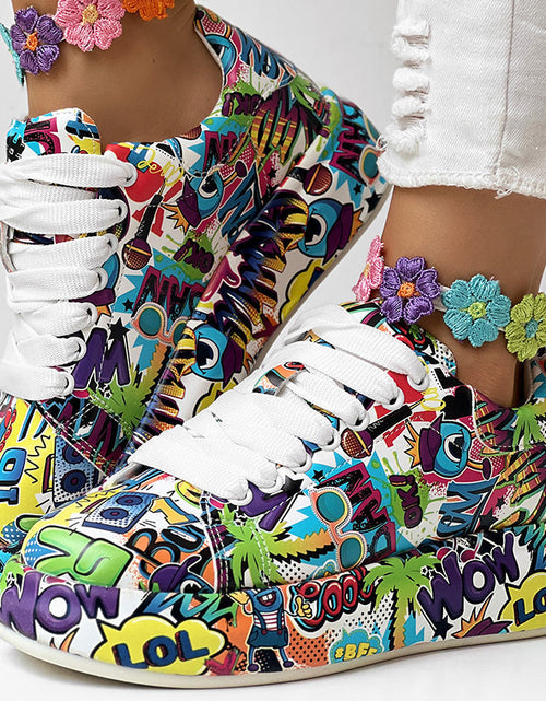 Load image into Gallery viewer, Round-Toe Thick-Sole Lace-Up Sneakers — Women’s Casual Print Shoes
