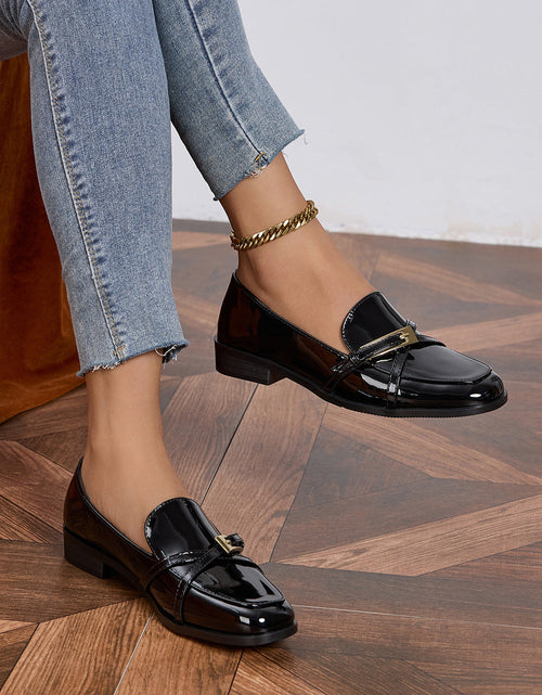 Load image into Gallery viewer, Women’s Patent Leather Square Toe Loafers | Low Heel Slip-On Flats
