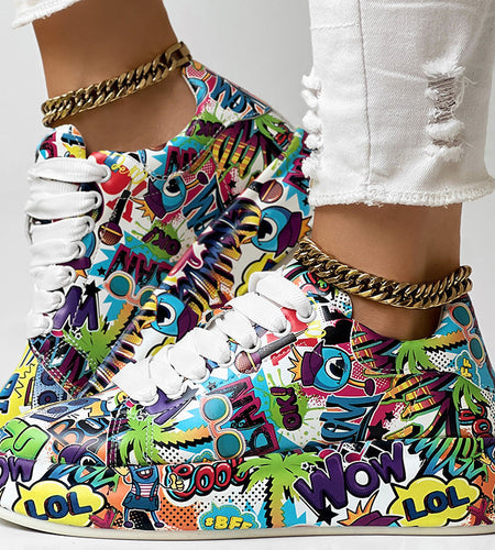 Round-Toe Thick-Sole Lace-Up Sneakers — Women’s Casual Print Shoes