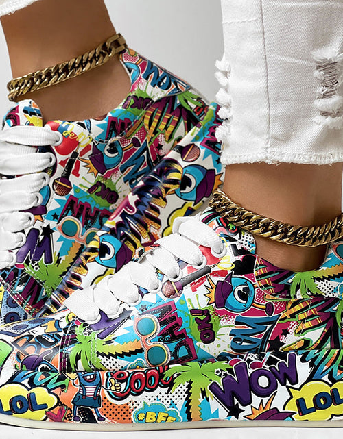 Load image into Gallery viewer, Round-Toe Thick-Sole Lace-Up Sneakers — Women’s Casual Print Shoes
