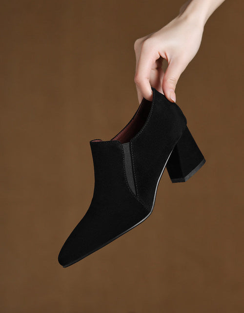 Load image into Gallery viewer, Women's Suede Pointed Toe Chunky Heel Pumps – Deep Vamp Low Heel
