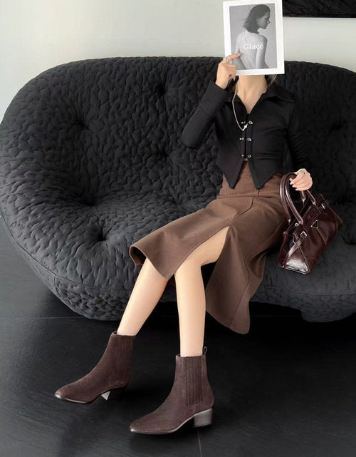 Load image into Gallery viewer, Women’s Retro Square-Toe Mid-Heel Chunky Leather Boots
