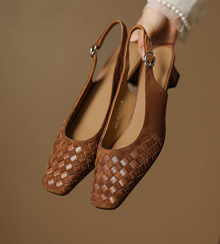 Women's Handmade Suede Woven Slingback Block Heel Sandals, Square-Toe Buckle Dress Shoes