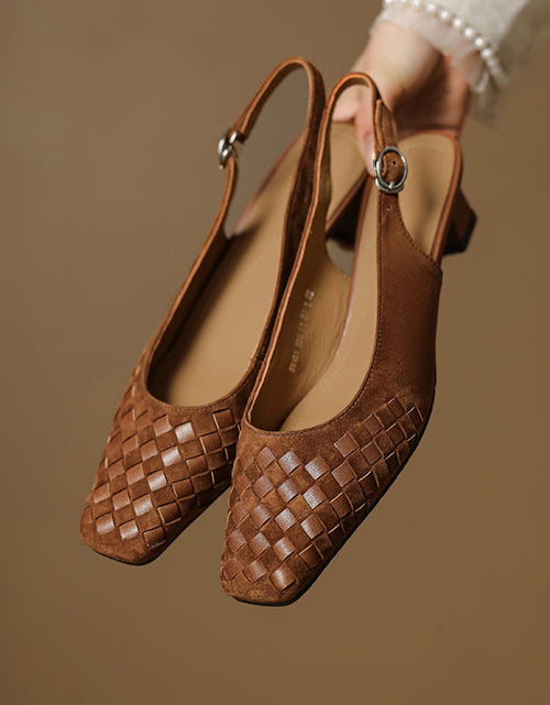 Load image into Gallery viewer, Women's Handmade Suede Woven Slingback Block Heel Sandals, Square-Toe Buckle Dress Shoes
