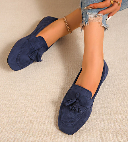 Women's Square Toe Slip-On Loafers – Tassel Suede Casual Flat Shoes