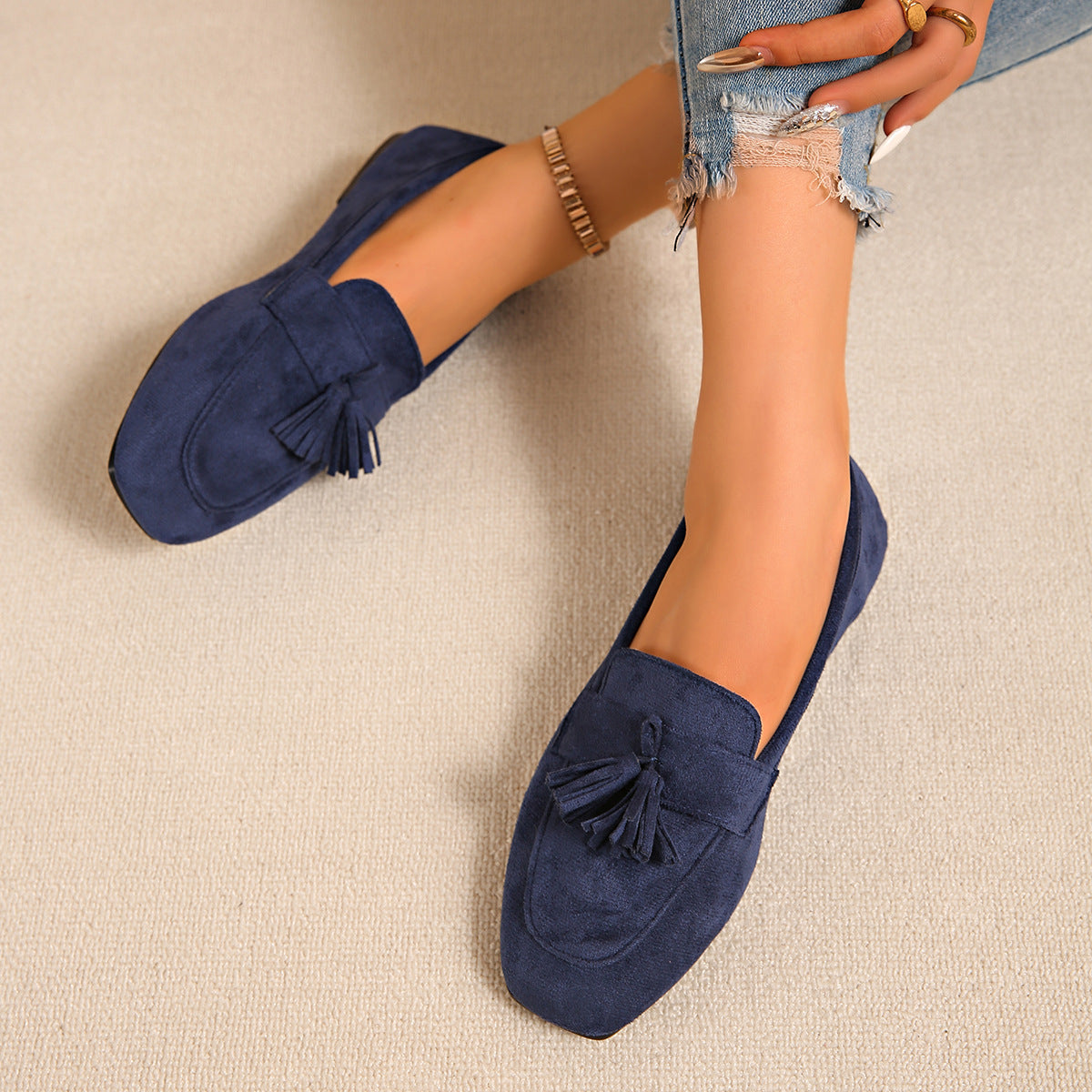 Women's Square Toe Slip-On Loafers – Tassel Suede Casual Flat Shoes