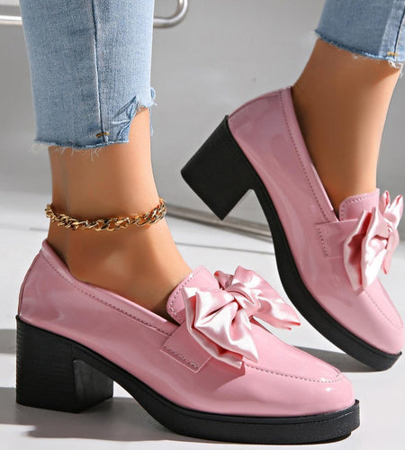 Women's Bowtie Round Toe Low Heel Pumps – Wide Size PU Casual Shoes