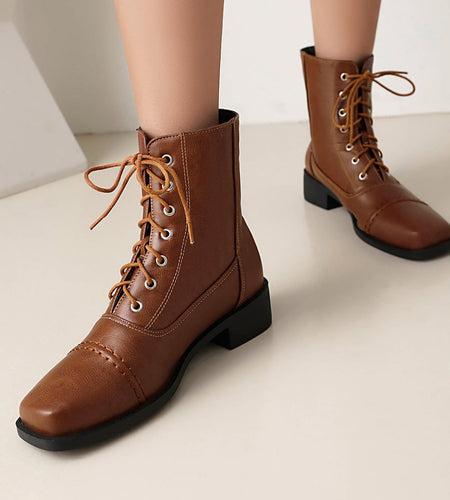 Women’s Lace-Up Square Toe Motorcycle Boots – Comfortable Outdoor Riding Boots