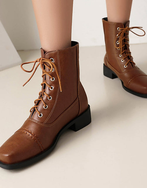 Load image into Gallery viewer, Women’s Lace-Up Square Toe Motorcycle Boots – Comfortable Outdoor Riding Boots
