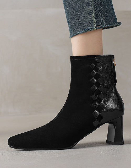 Load image into Gallery viewer, Women's Sheepskin Square Toe Chunky Heel Ankle Boots – Korean Patchwork Style
