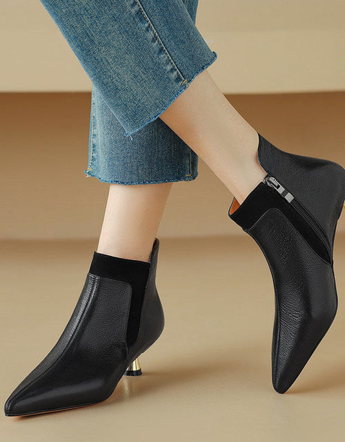Load image into Gallery viewer, Women's Genuine Leather Kitten Heel Ankle Boots – Pointed Toe Side Zip
