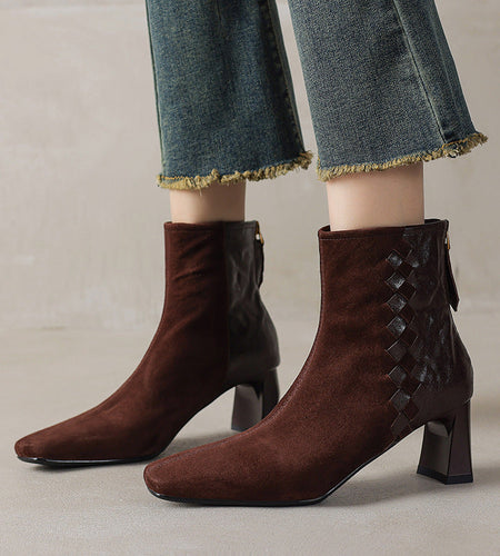 Women's Sheepskin Square Toe Chunky Heel Ankle Boots – Korean Patchwork Style