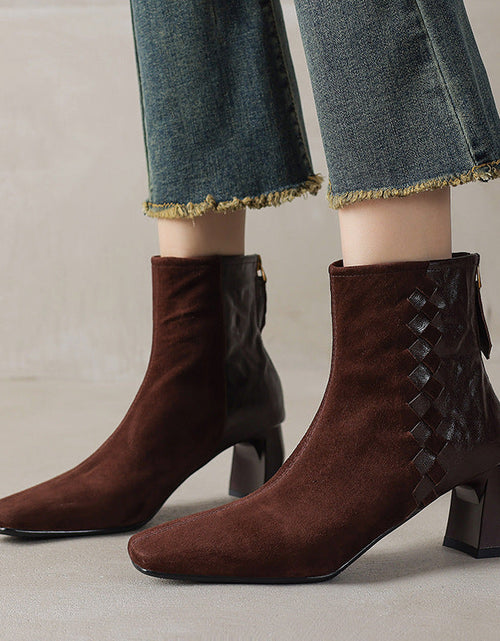 Load image into Gallery viewer, Women's Sheepskin Square Toe Chunky Heel Ankle Boots – Korean Patchwork Style
