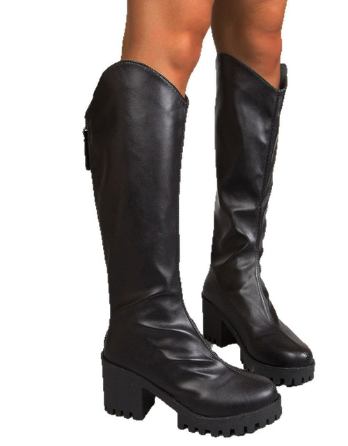 Load image into Gallery viewer, Women’s Thick High-Heel Knee-High Black Boots | Elegant Streetwear
