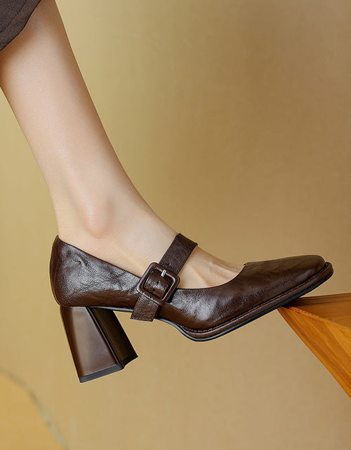 Load image into Gallery viewer, Women's Sheepskin Mary Jane Heels – Square Toe Chunky Heel Buckle Pumps
