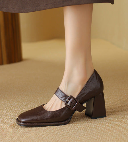 Women's Sheepskin Mary Jane Heels – Square Toe Chunky Heel Buckle Pumps