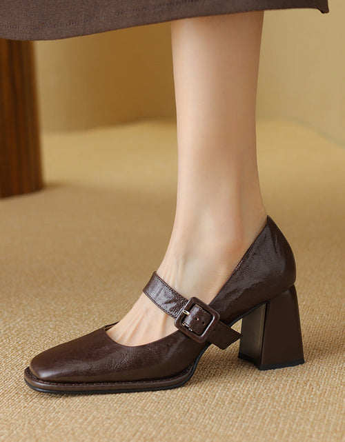 Load image into Gallery viewer, Women's Sheepskin Mary Jane Heels – Square Toe Chunky Heel Buckle Pumps
