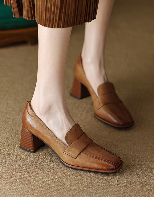 Load image into Gallery viewer, Women's Sheepskin Square Toe Chunky Heel Pumps – Retro High Heel Dress Shoes
