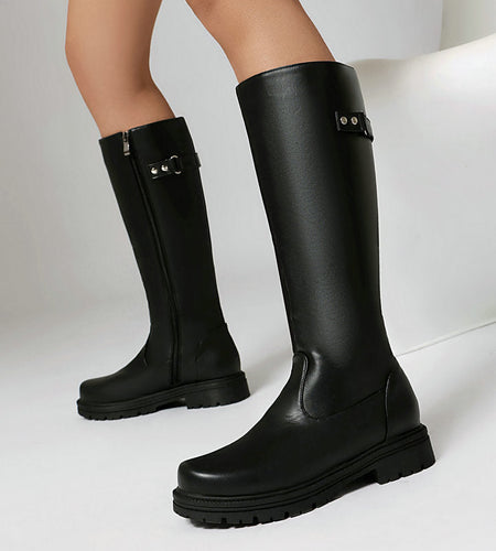 Women’s Retro British-Style Riding Boots – Leather Belt Buckle Knee Boots