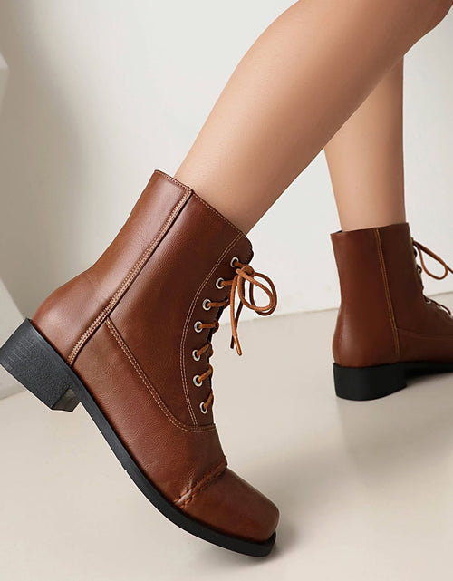 Load image into Gallery viewer, Women’s Lace-Up Square Toe Motorcycle Boots – Comfortable Outdoor Riding Boots
