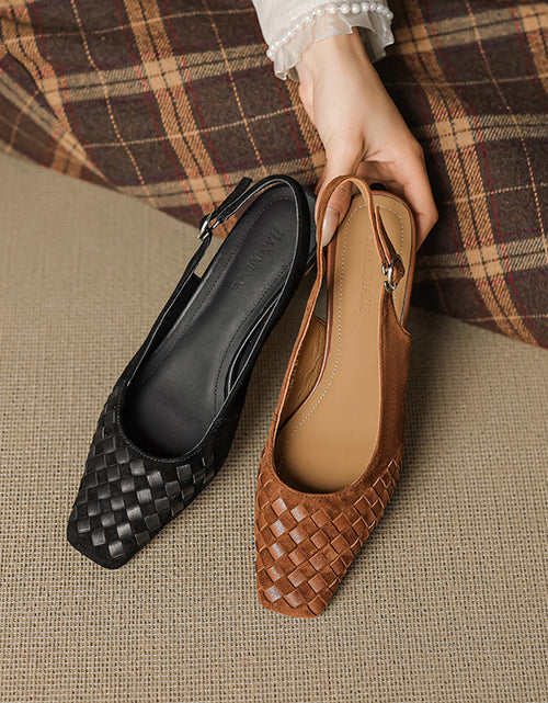 Load image into Gallery viewer, Women's Handmade Suede Woven Slingback Block Heel Sandals, Square-Toe Buckle Dress Shoes
