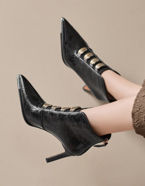 Load image into Gallery viewer, Women's Satin Pointed Toe Chunky Heel Short Boots – Ultra High Heel
