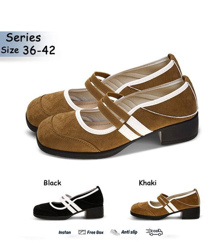 Women's Retro Color-Block Mary Jane Flats – Double-Strap Chunky Heel Peep-Toe Casual Shoes