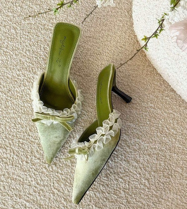 Women's French Bow Suede Pointed-Toe Stiletto Mules