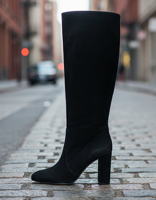 Load image into Gallery viewer, Suede Pleated High Heel Thick Heel Pointed Sleeve Boots
