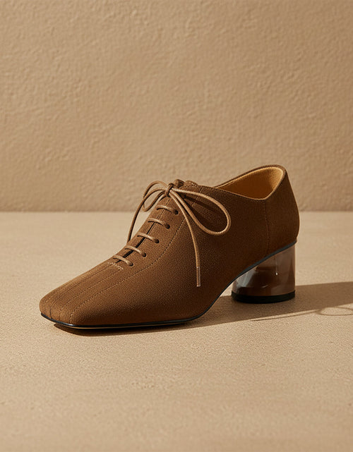 Load image into Gallery viewer, Women's Retro Sheepskin Square Toe Chunky Heel Pumps – Lace-Up Mid Heel

