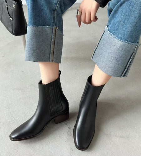 Women’s Retro Square-Toe Mid-Heel Chunky Leather Boots